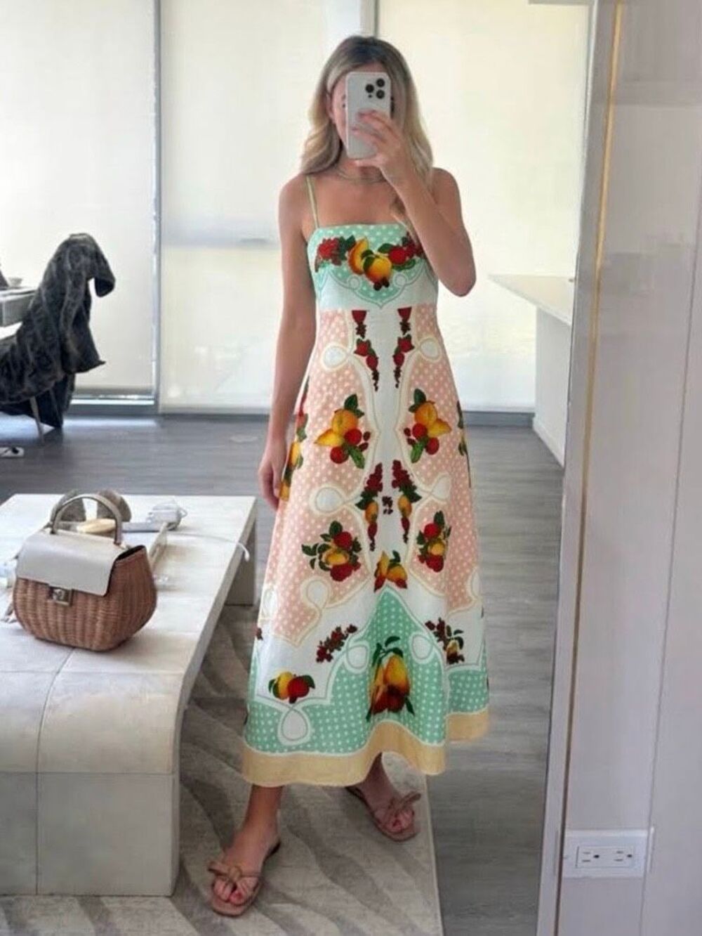 Caroline Constas Linen Fruit Print Polka Dot Smocked Maxi Dress Pockets Medium